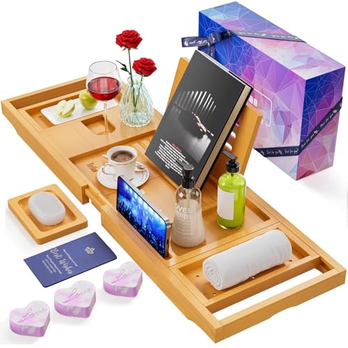 Lux Expandable Bathtub Tray Caddy with 3 Bath Bombs-Self Care A-bamboo-gift Set