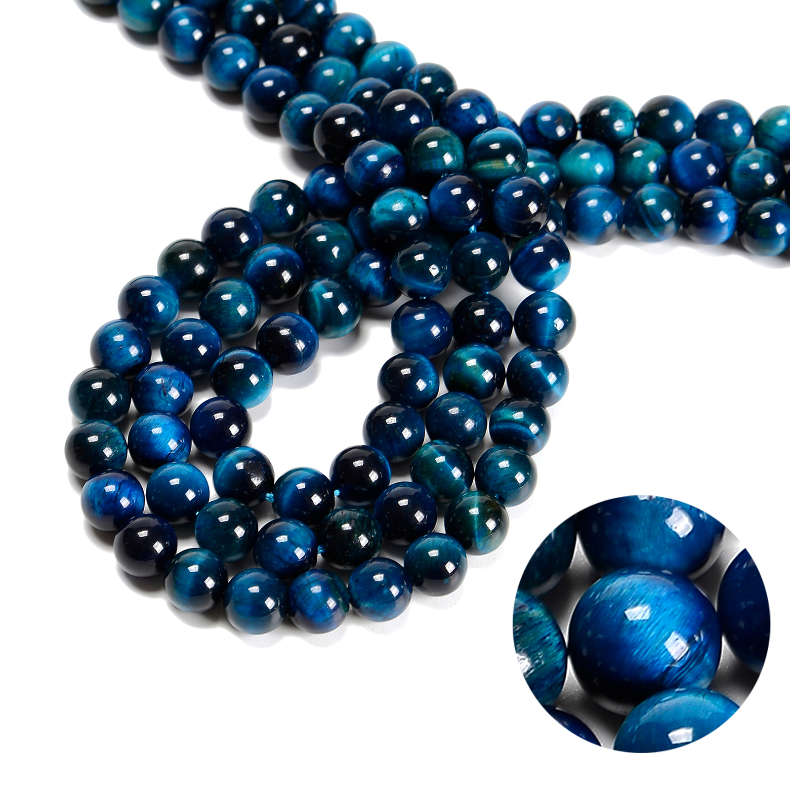 Blue Green Tiger Eye Smooth Round Beads 4mm 6mm 8mm 10mm 12mm 15.5″ Strand