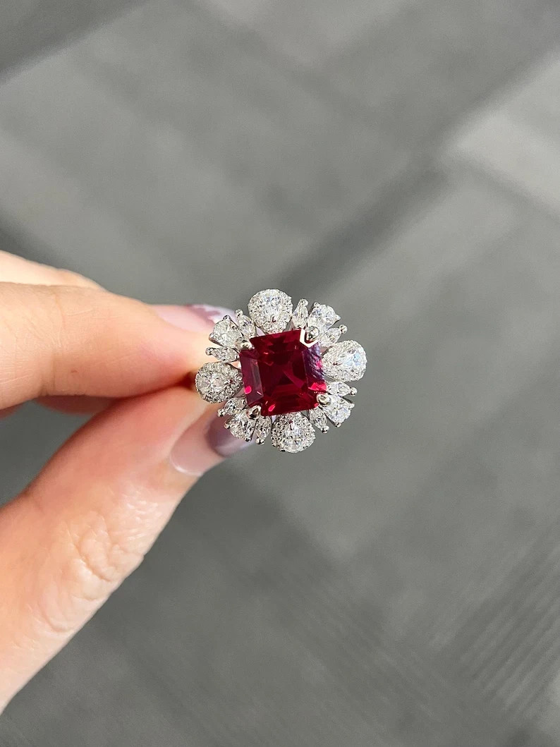 3.44Ct Asscher Cut Natural Ruby Diamond Wedding Ring 14K Real White Gold Size 6