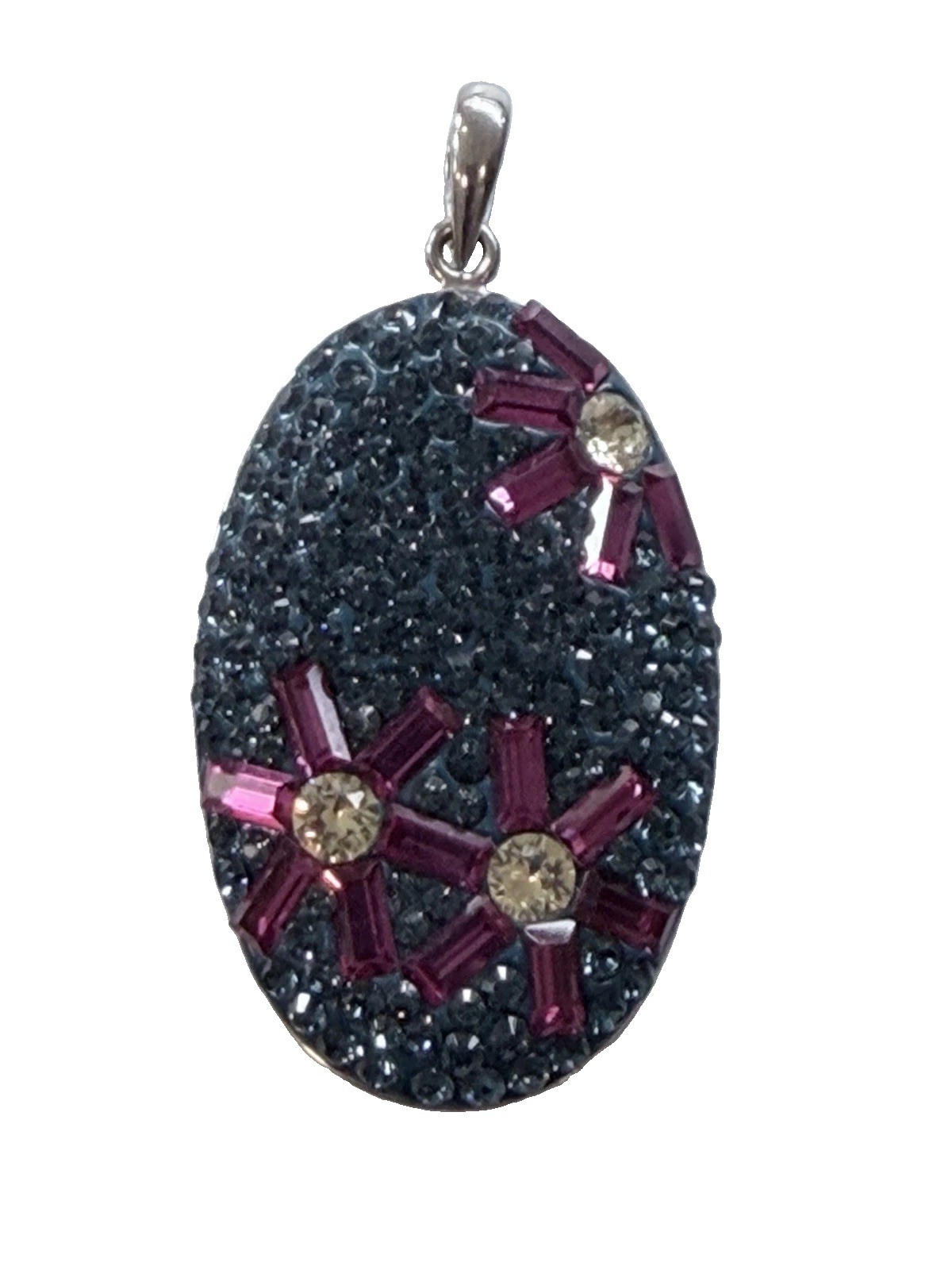 Signed RL (Ralph Lauren) 925 Sterling Silver Crystal Pink Flowers Oval Pendant