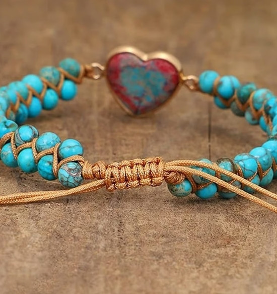 2025HOT!Natural Turquoise Stone Beaded Jasper Gemstone Heart Charm Bracelet Gift
