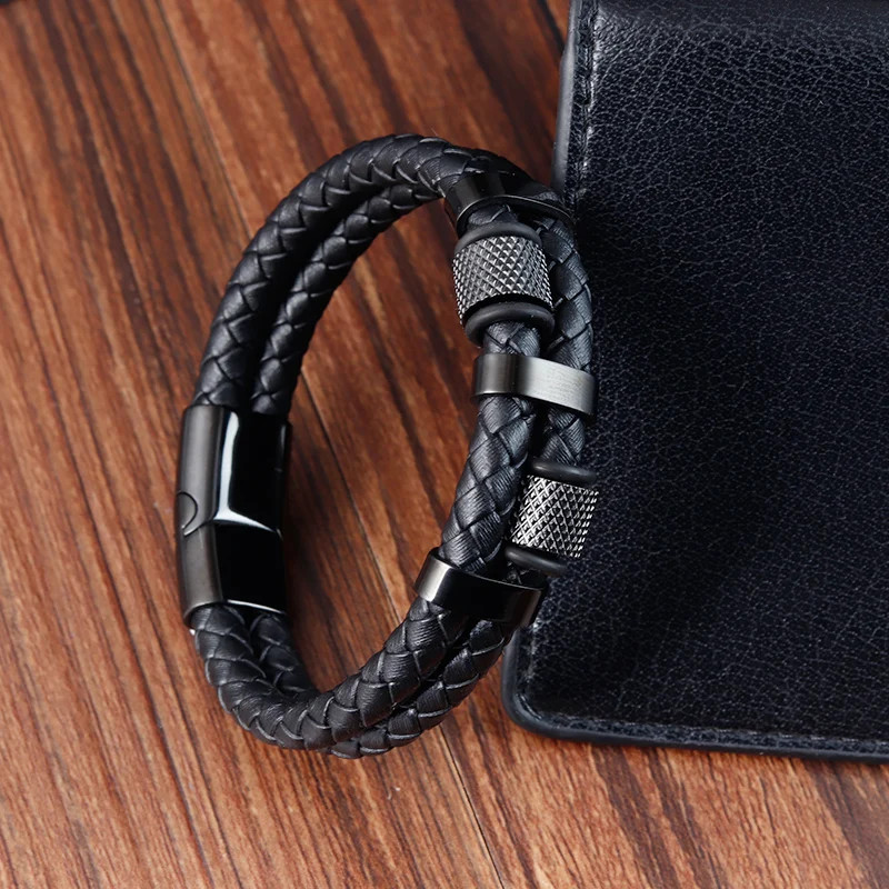 Men’s Leather Rope Braid Bracelet Stainless Steel Magnetic Buckle Jewelry