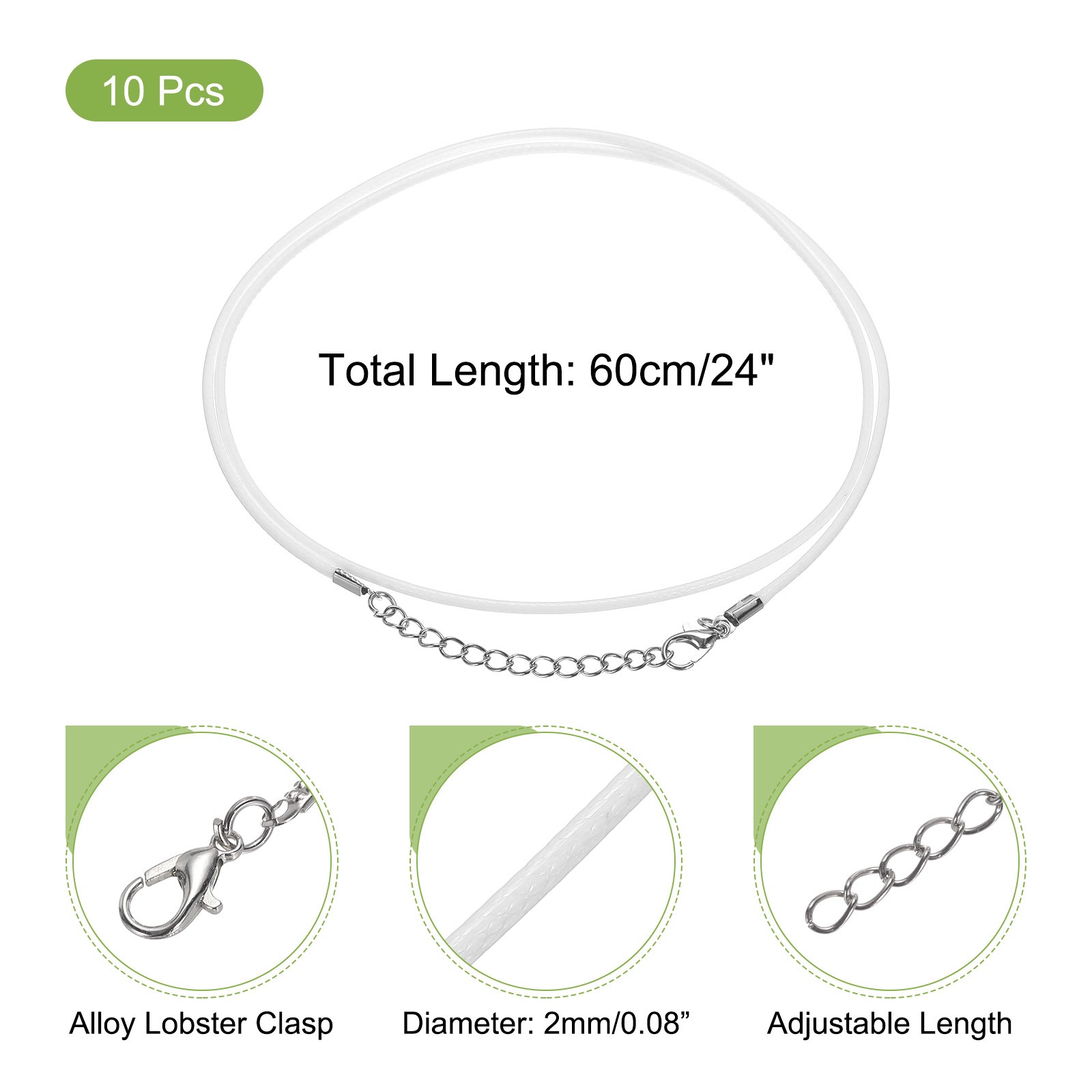 10pcs, 24 Inch Waxed Necklace Cord 2mm for Jewelry Making White
