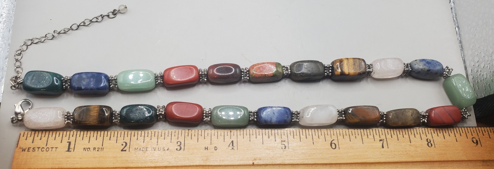 Multi Polished Natural Gemstone Necklace Green & Orange Jade, Tigers Eye, Quartz