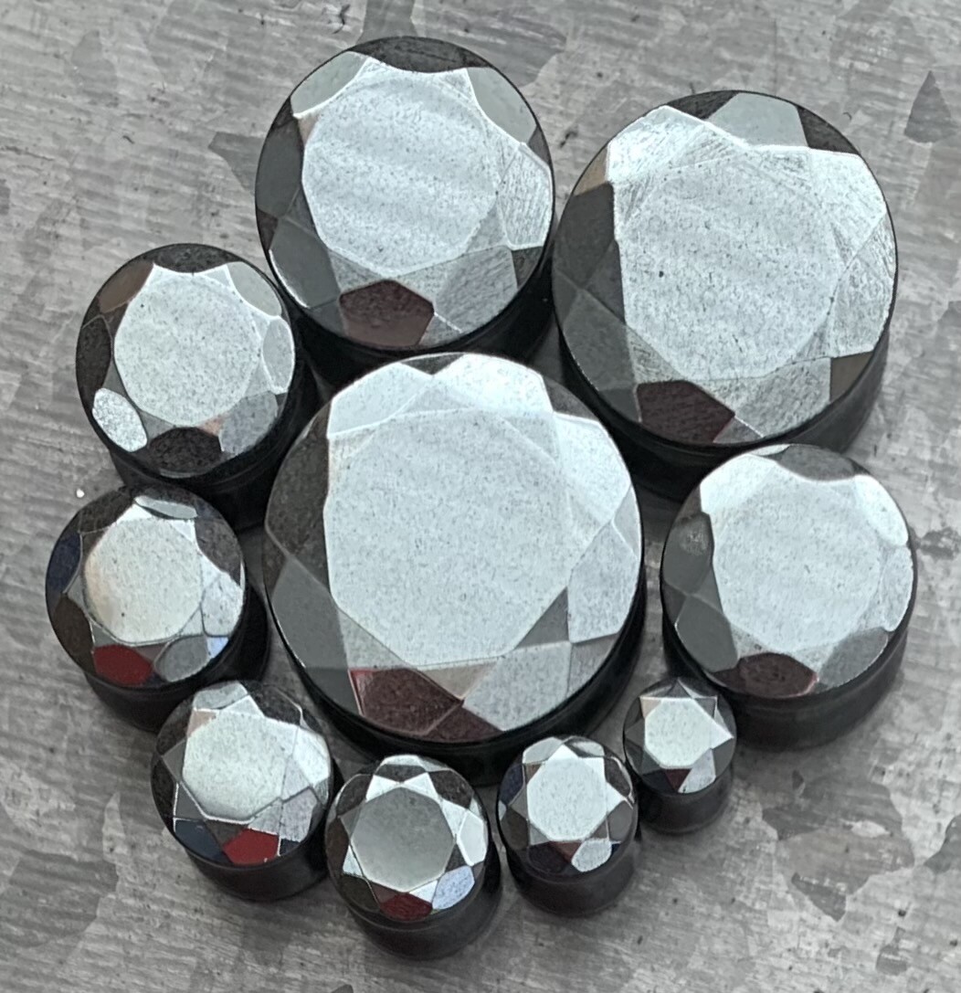 PAIR Faceted Hematite Stone Double Flare Plugs Gauges Body Jewelry
