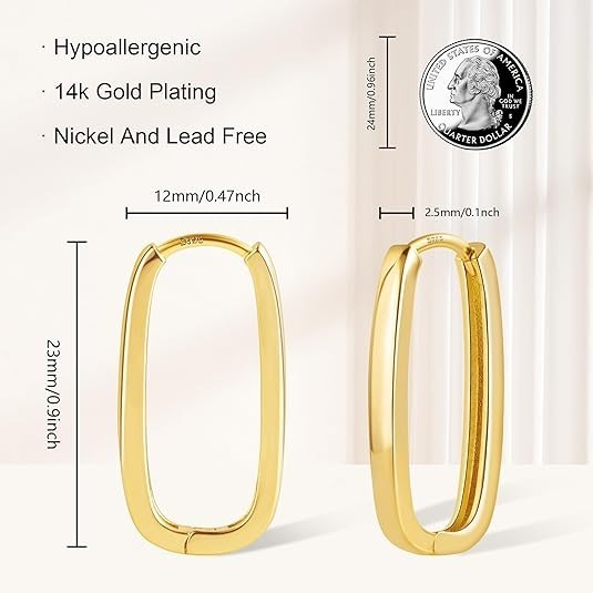14K Gold Plated Sterling Silver Rectangle Hoop Earrings 12x23mm Lightweight Jewe