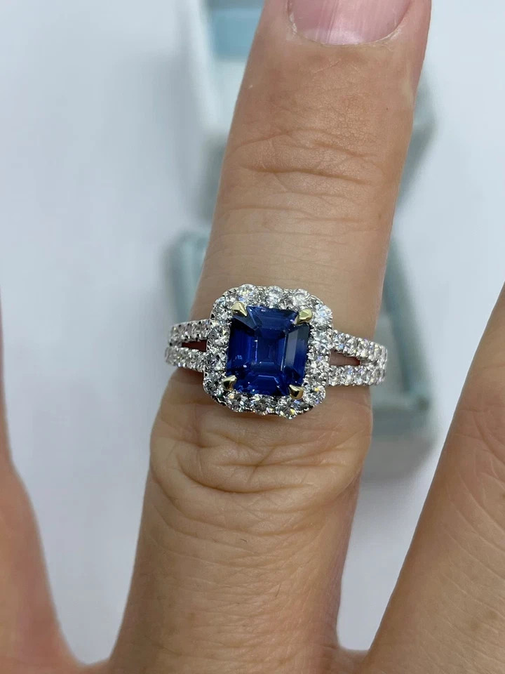 2Ct Emerald Cut Lab-Created Sapphire Halo Engagement Ring 14K White Gold Plated