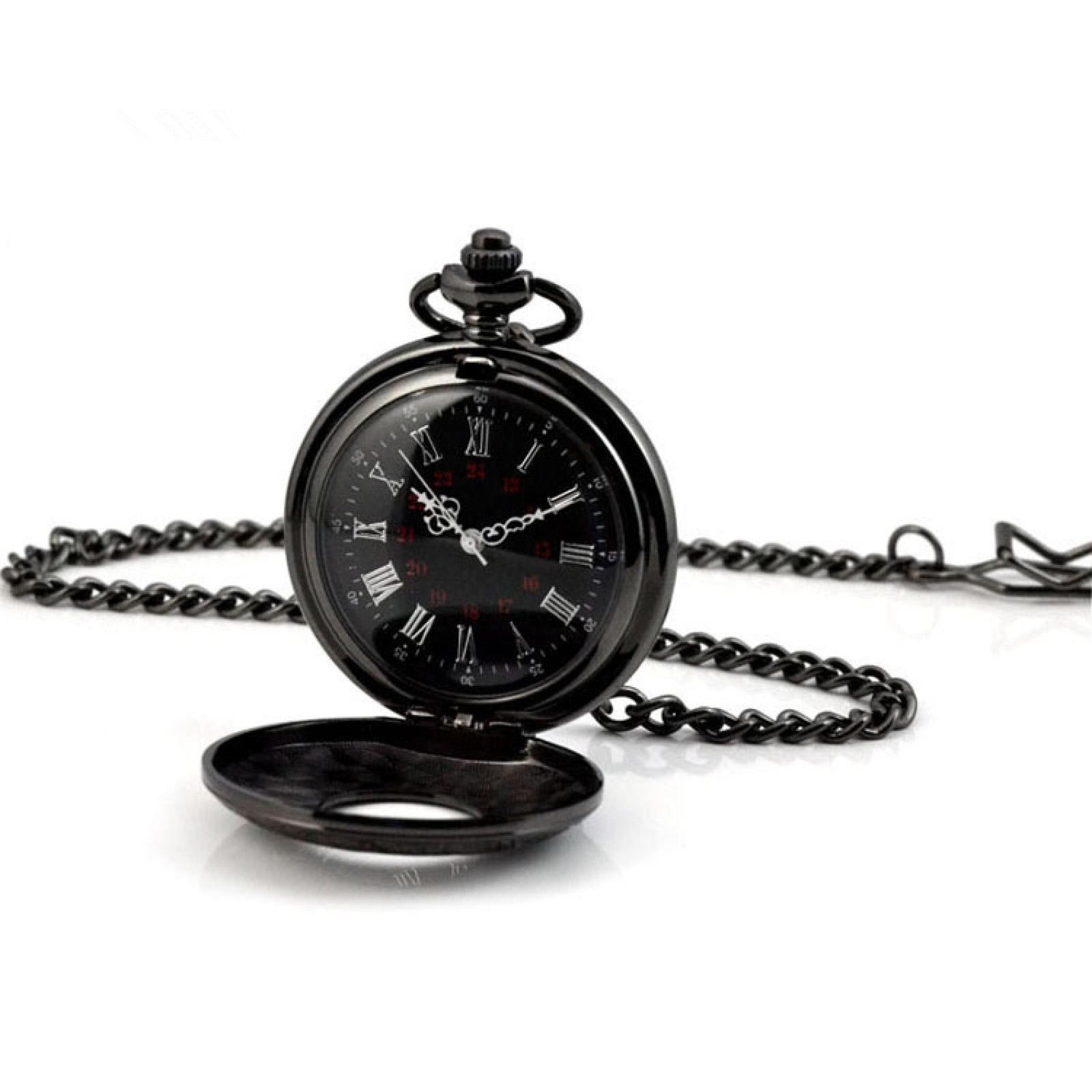 Vintage Retro Steampunk Pocket Watch Black Quartz Pendant Necklace Chain Gift F