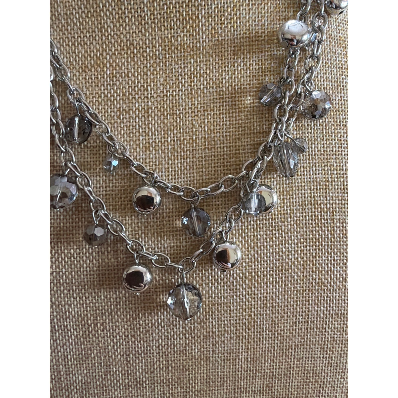 Silver Tone Double Layer Layered Necklace Smoke Gray Glass Bead Polished Spheres