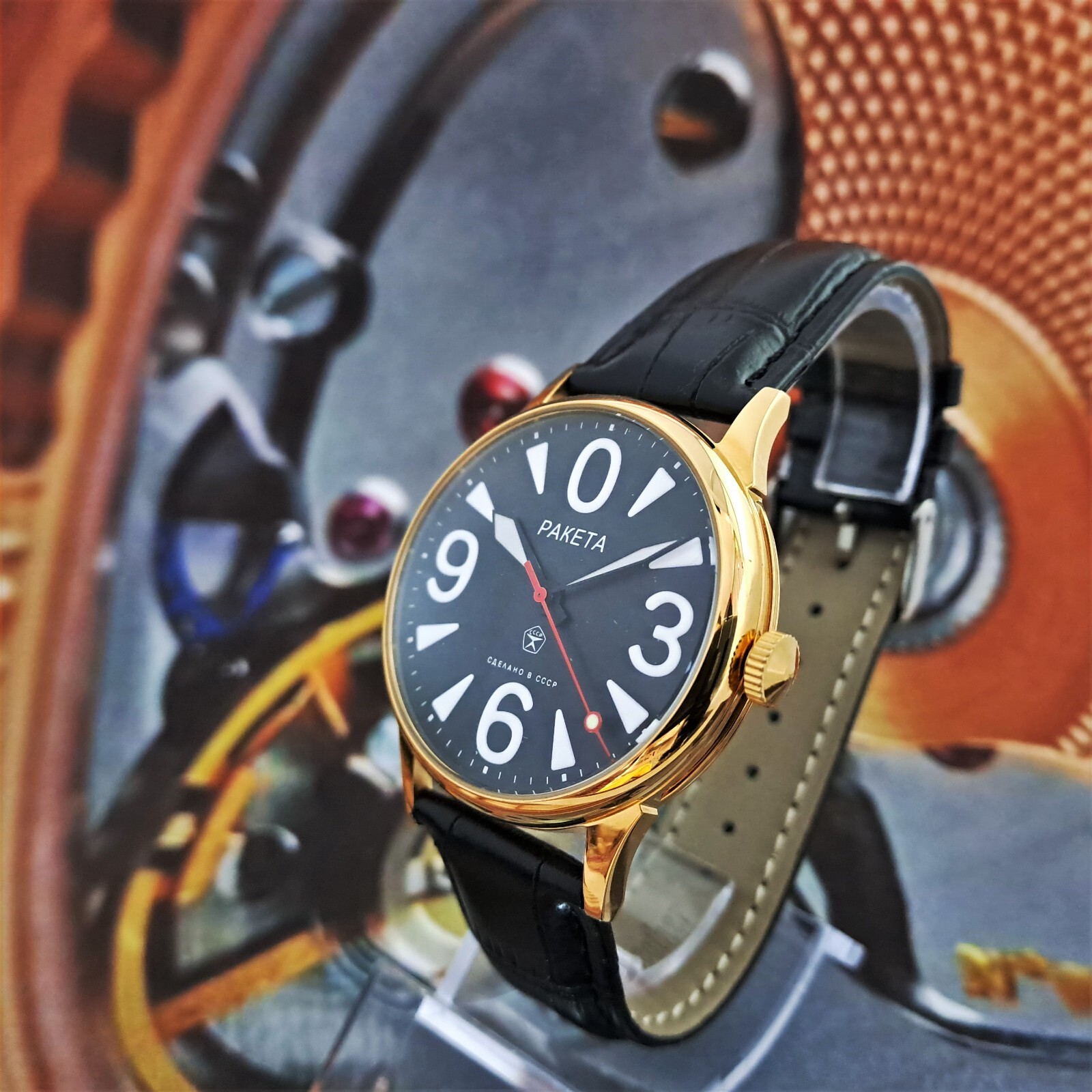 Vintage Watch USSR RAKETA Big Zero Black Dial Wristwatch Mechanism 2609.HA Gold