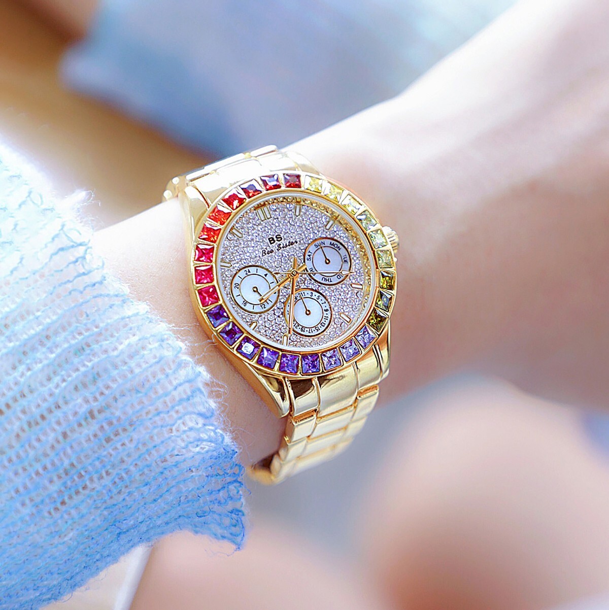 Rainbow Crystal Bezel Women Watch Gold Tone Colored Gems Women’s Wrist Watch