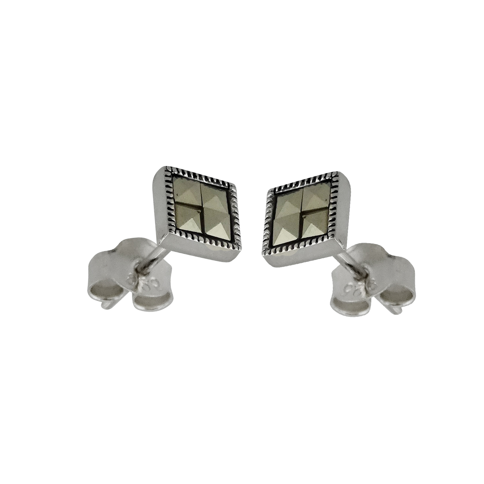Square Marcasite Post Earrings – 925 Sterling Silver – Stud Squares Gift NEW