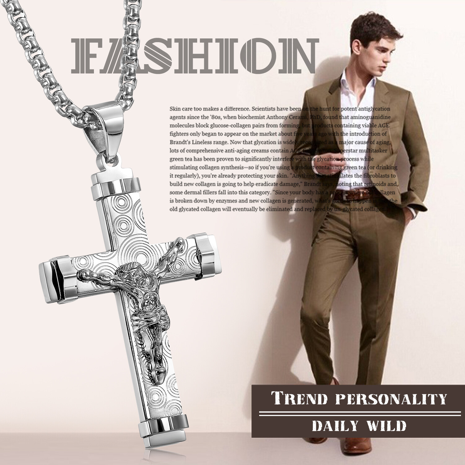 Men’s Silver Plated Christ Jesus Cross Crucifix Stainless Steel Pendant Necklace