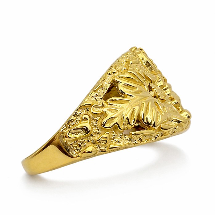 Solid 18K Yellow Gold Large Eagle Leaf Mens Nugget Ring, Size 5 – 15