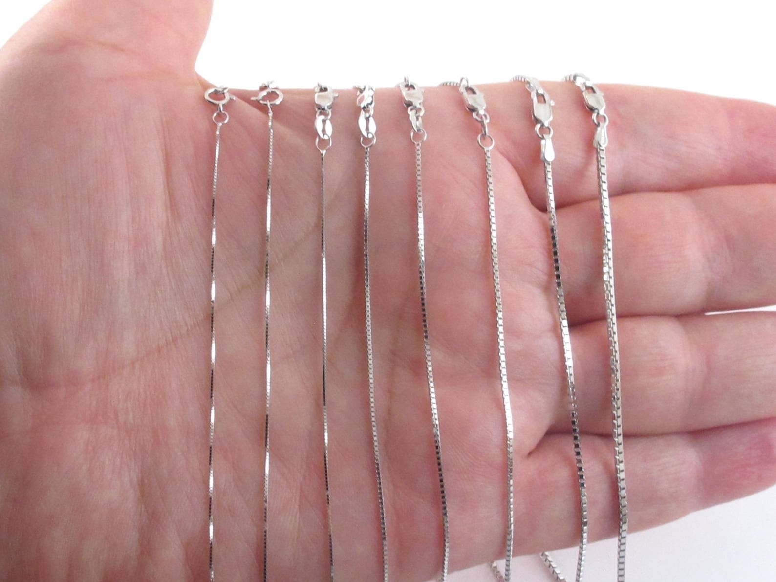 14k Solid White Gold Box Chain: ( 16″- 30″ ) (0.5 – 1.4 MM ) – Not Hollow