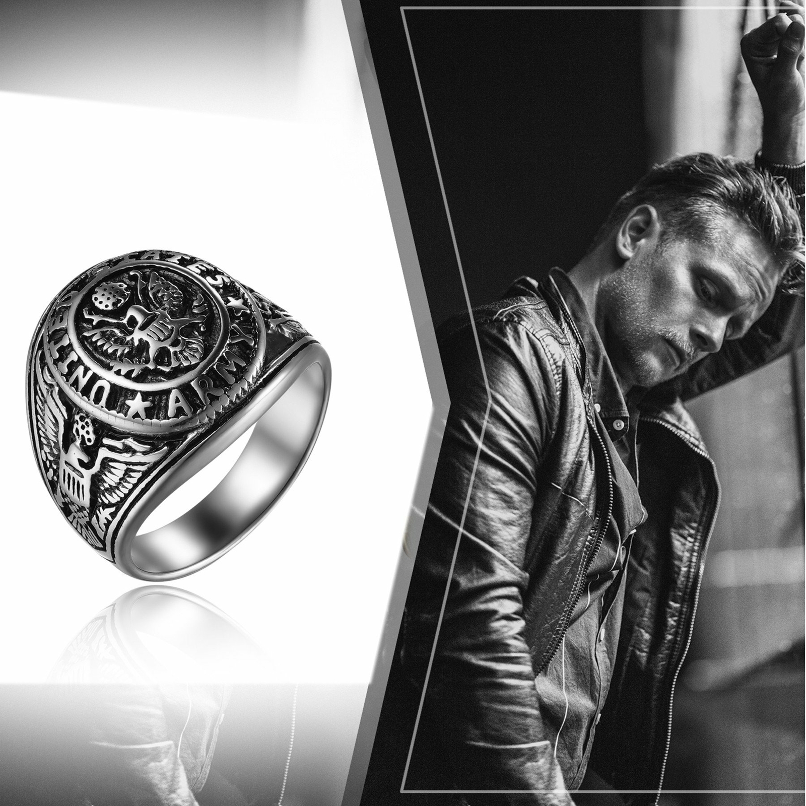 Stainless Steel Gold Plated Eagle US Army Ring Army Seal Biker Band for Men