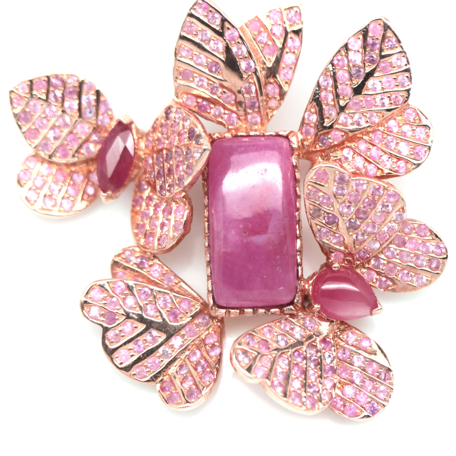 925 Silver Sterling Rose Gold Plated 12 x 23 mm. Pink Ruby & Sapphire Brooch
