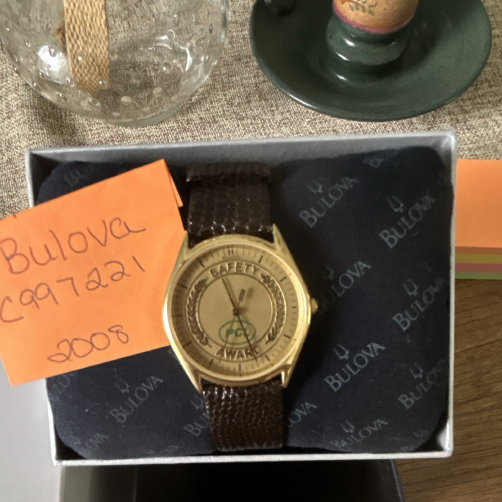 Bulova Safety Award Quartz Analog Watch Gold Tone Brown Leather Strap w/ Box