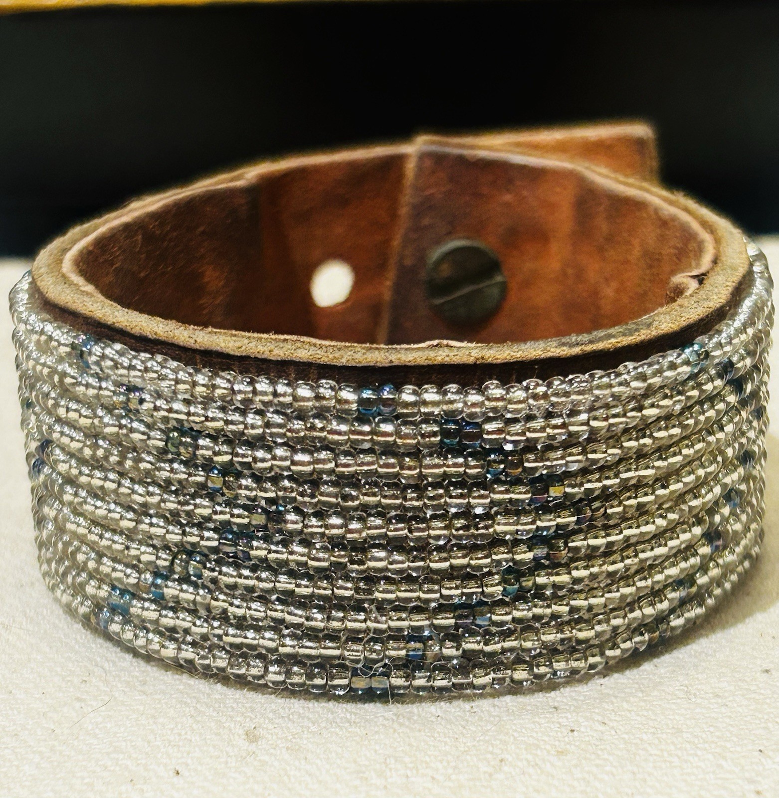 Beaded Silver And Slate Medium Width Ombré Leather Cuff Made In Tanzania