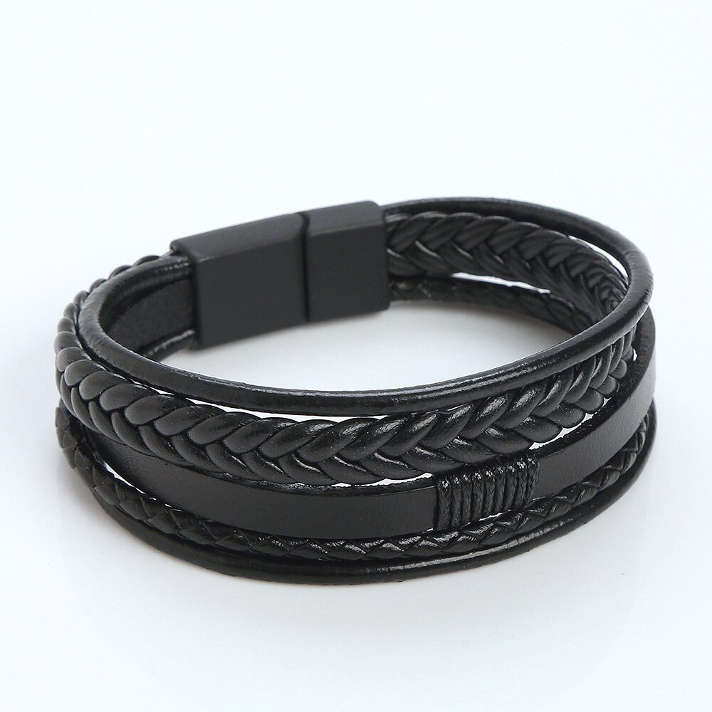 Men Genuine Leather Bracelet Multilayer Braided Rope Magnetic Wristband Black