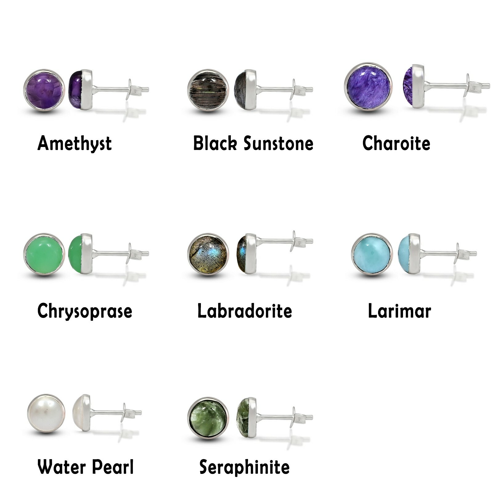 Larimar Labradorite Amethyst Sunstone Charoite 925 Sterling Silver Stud Earrings