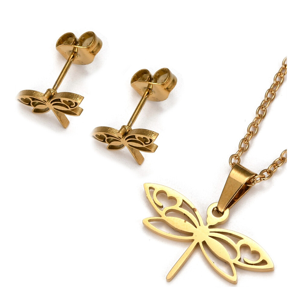 Stainless Steel Set Pendant Necklace Earrings Dragonfly 15.7″ 0.7mm Z804