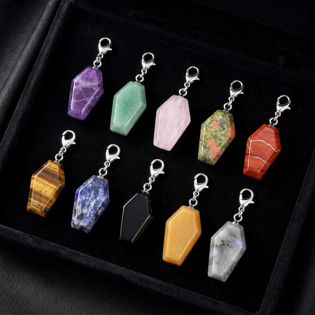 6PCS Gothic Stone Coffin Charms Tag with Lobster Clasp Design for Jewelry Decor