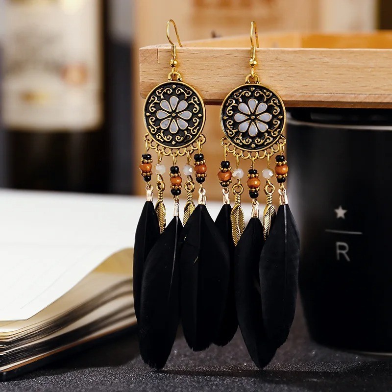Boho Long Feather Dangle Women’s Earrings Beach Long Tassel Beads Flower Enamel