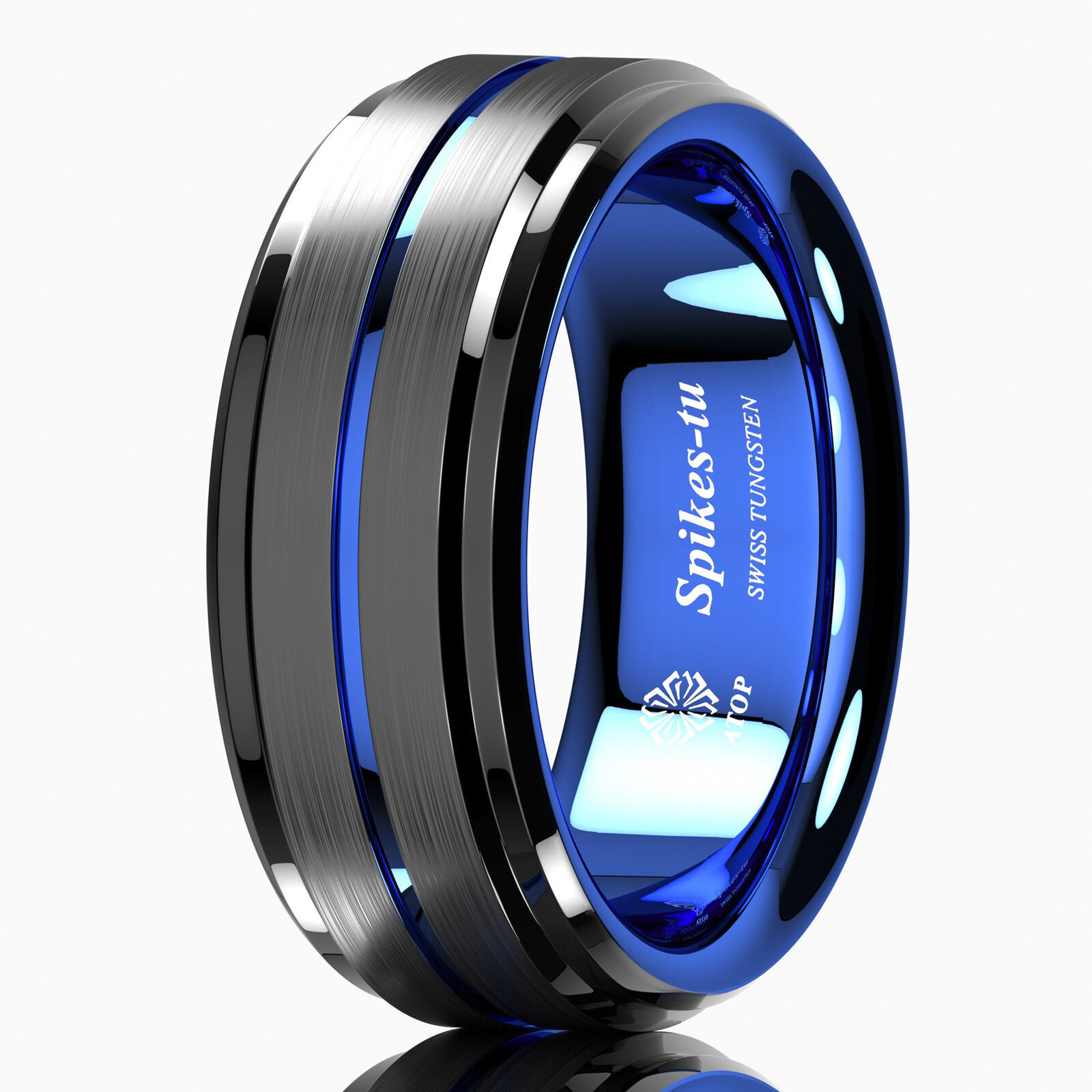 8mm Black Brushed Ladder Edge Tungsten Ring BLue Stripe ATOP Mens Wedding Band