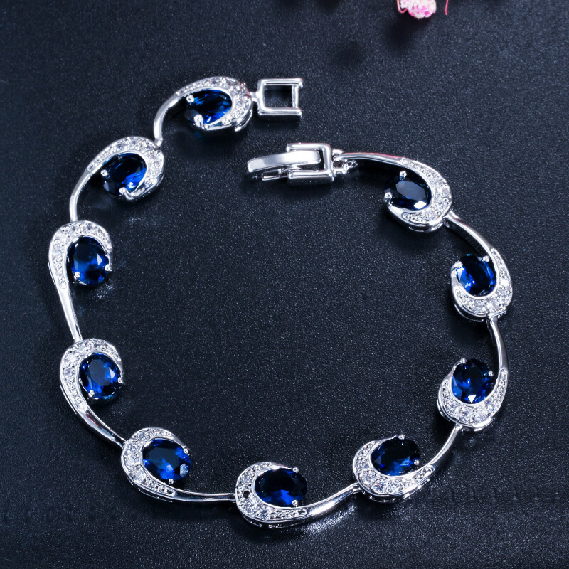 Silver Plated Multicolor Cubic Zircon Oval Charms Bracelet Fine Jewelry for Lady