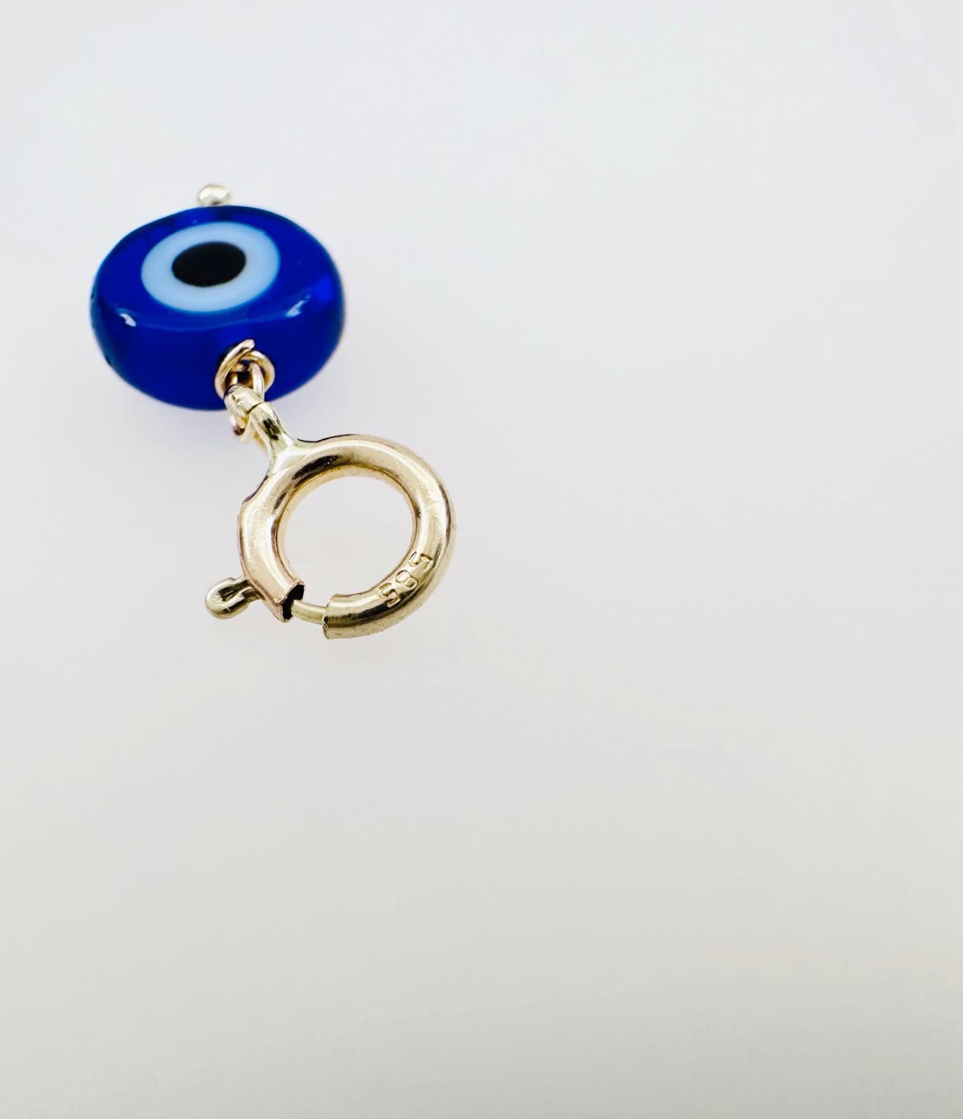 14K Solid Yellow Gold Millefiori Glass Blue Evil Eye Charm Pendant Spring Clasp