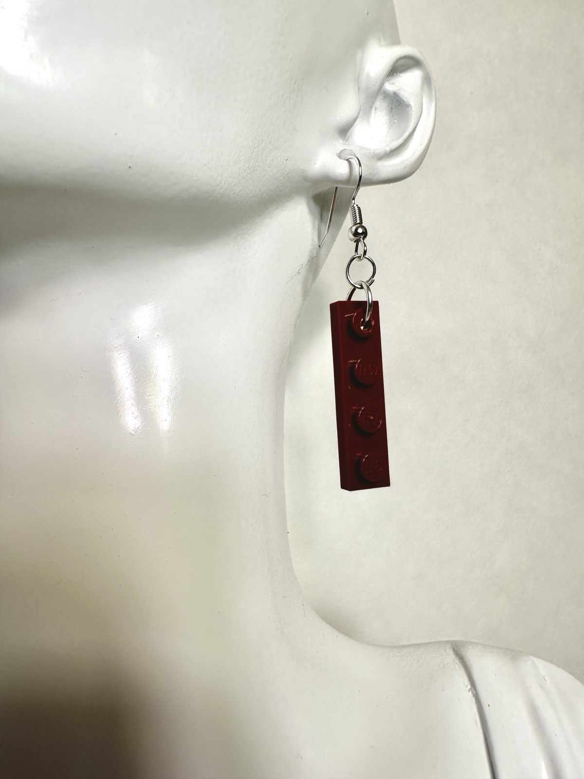 Red Plastic Rectangle LEGO Dangle Drop Earrings, No Stone, Hook Closure Burgundy