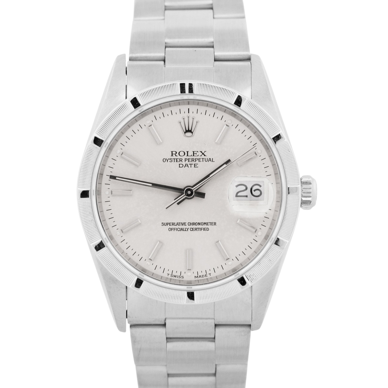 1996 Rolex Oyster Perpetual Date 34mm SILVER Steel Oyster NO-HOLES 15210 Watch
