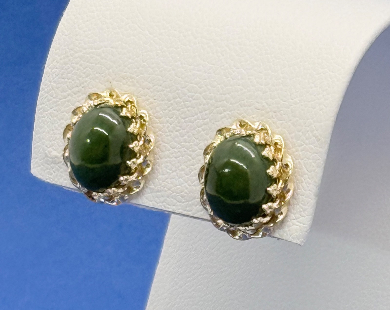 Vtg Stud Green Cabochons Earrings set in 14K Gold Intricate Twisted Prong Set…