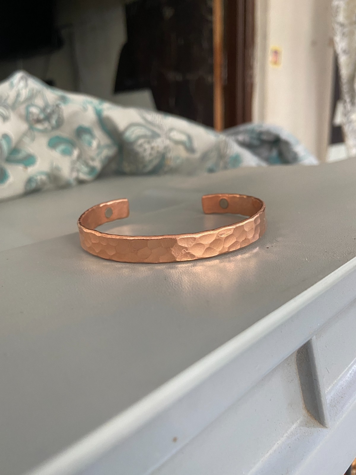 Solid Copper Hammered Cuff Bracelet Magnetic Open Bangle Adjustable Unisex