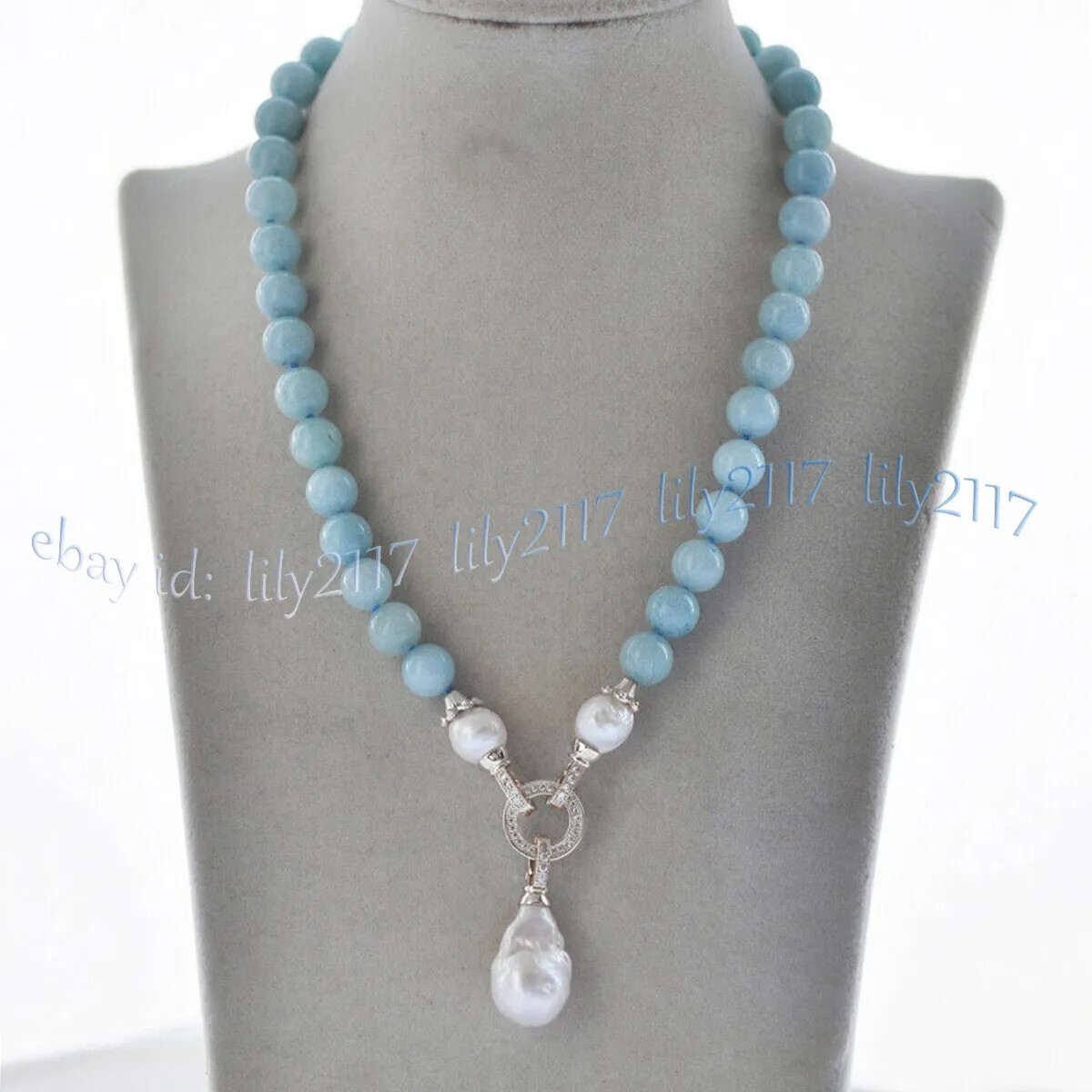 Natural Blue Aquamarine Gems Beaded White Keshi Baroque Pearl Pendant Necklace