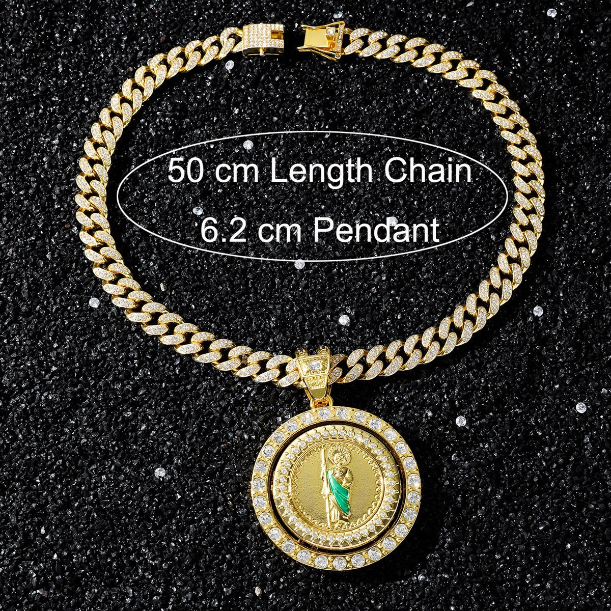 Religious Round Rotatable Saint Jude Statue Pendant 50cm Cuban Chain Necklace