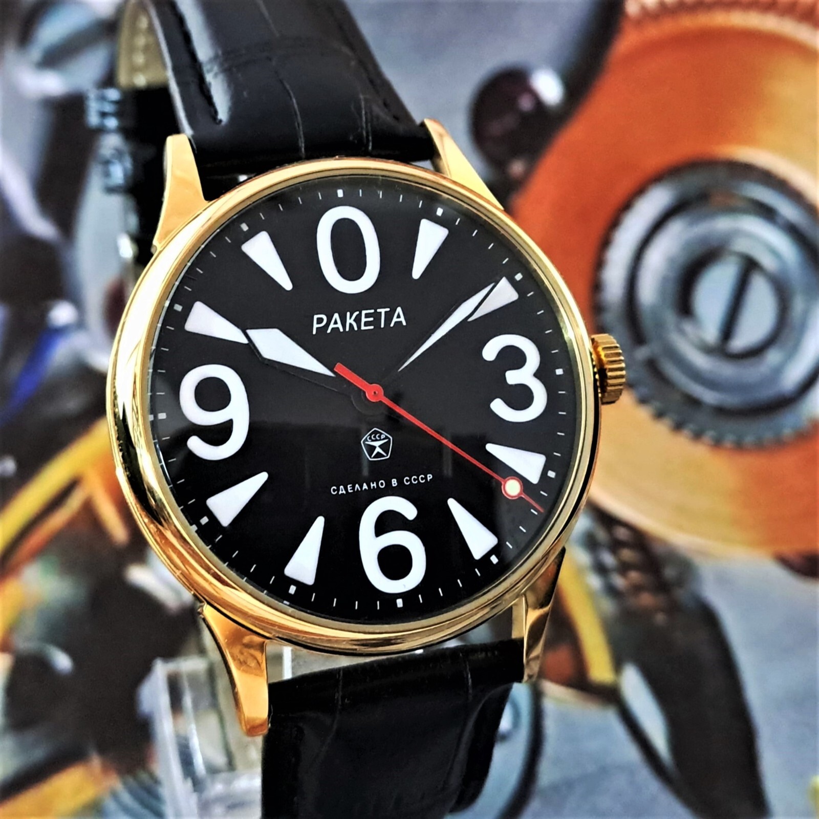 Vintage Watch USSR RAKETA Big Zero Black Dial Wristwatch Mechanism 2609.HA Gold