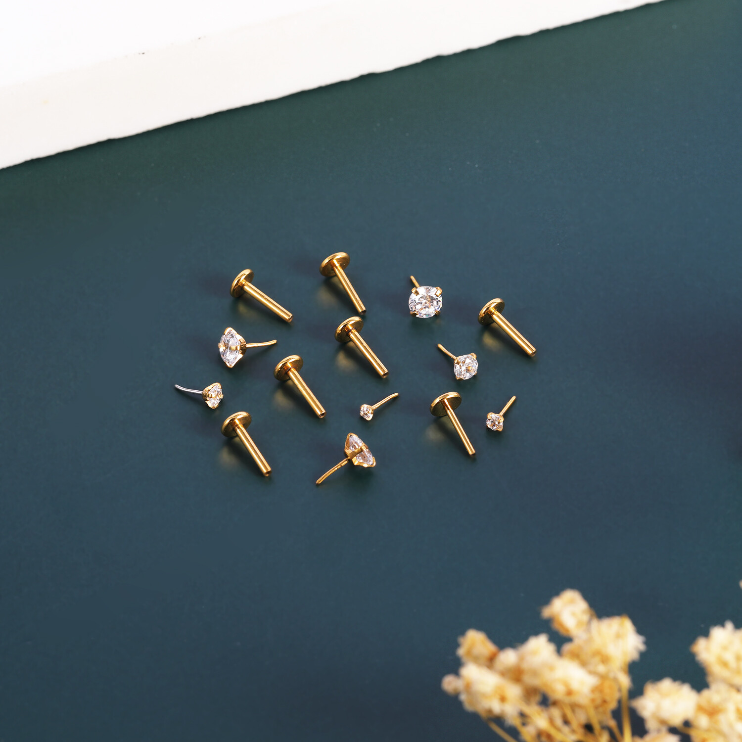 10Pcs Stainless Steel Labret Lip Stud Push in CZ Monroe Ear Helix Conch Piercing