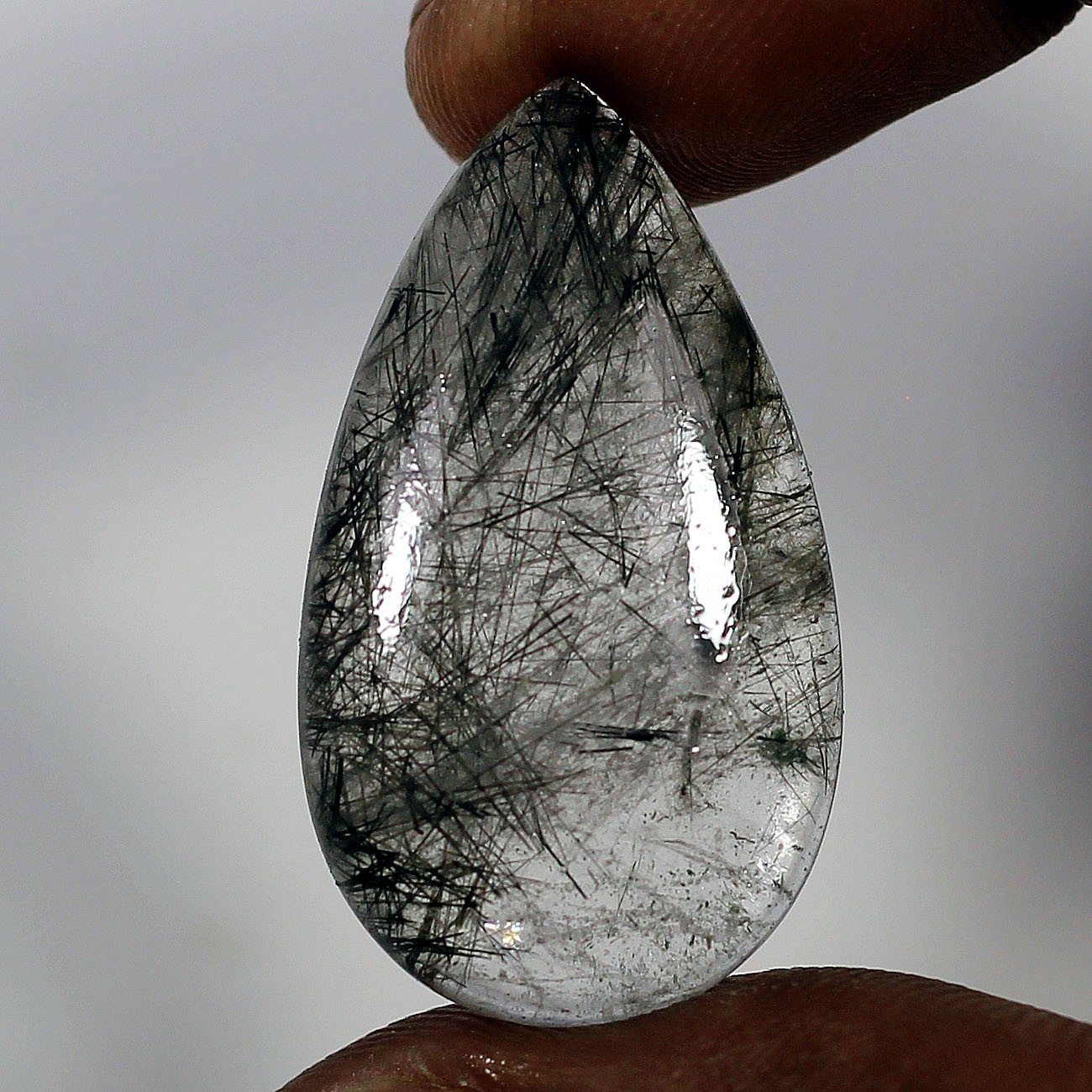 24.10 ct Natural Black Rutilated Quartz Pear Cabochon Loose Gemstone Stoneartt