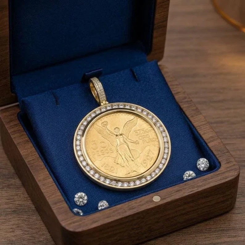 50 Pesos Pendant Lab Created Diamond Bezel 14K Gold Plated Centenario Medallion