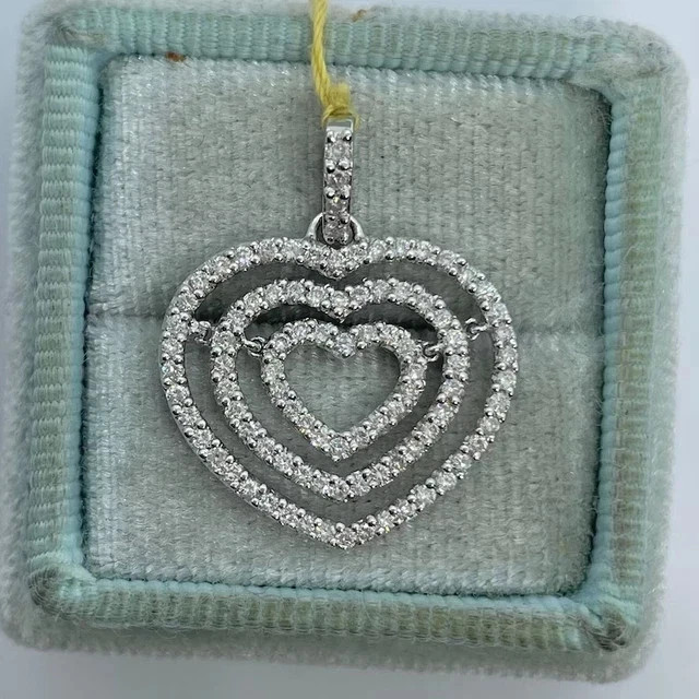 2Ct Round Cut Real Moissanite Triple Heart Charm Pendant 14K White Gold Plated