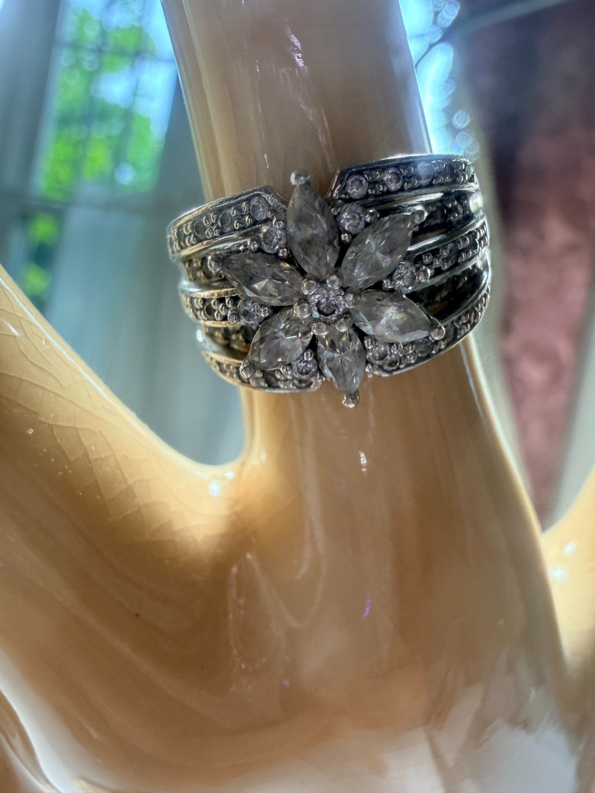 SW 925 Sterling Silver Floral Cluster Marquise Multi Row CZ Ring Size 7 #29
