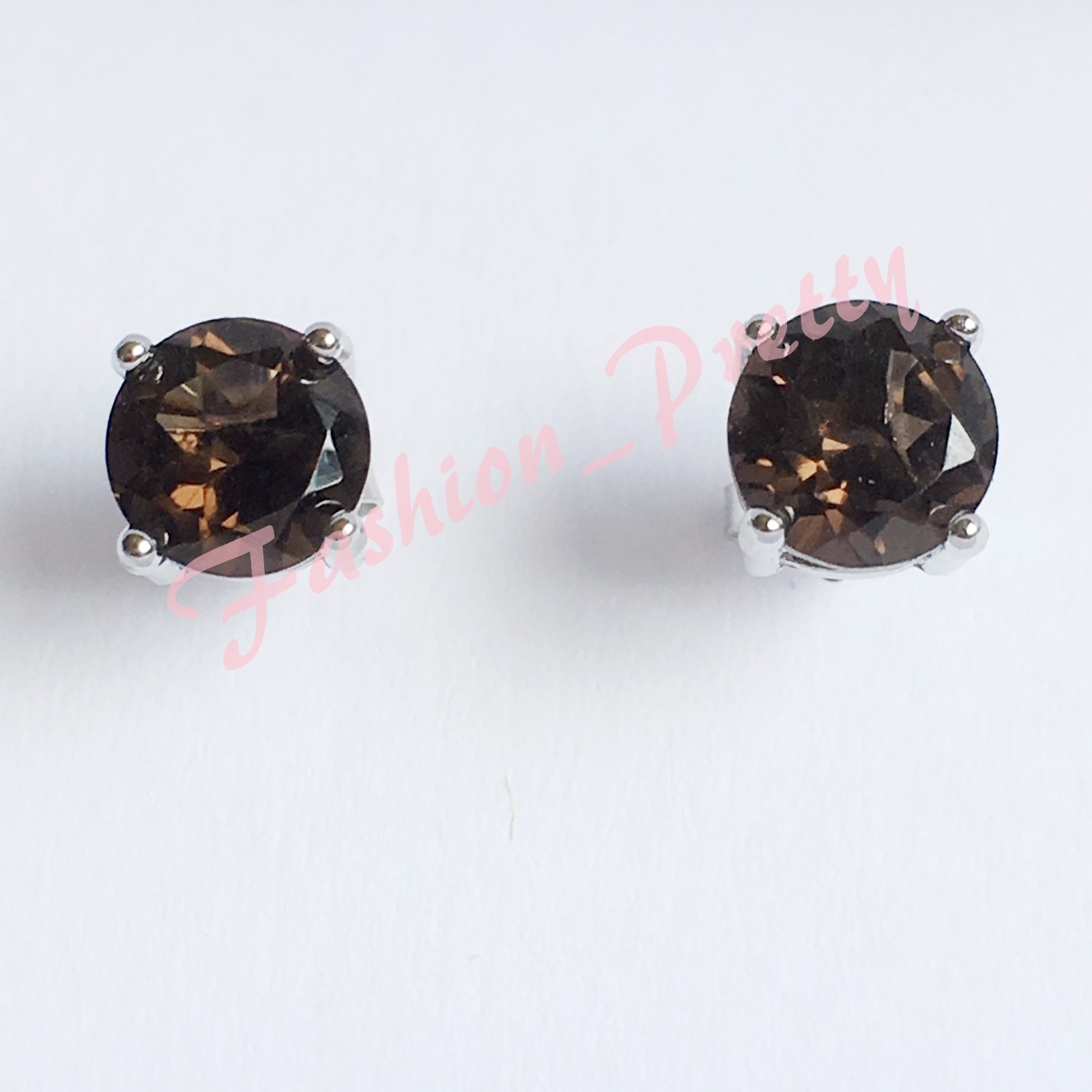Pretty 2ct-Smoky Quartz -Round-Gemstone-Stud Earrings-In-925-Sterling-Sliver-FS