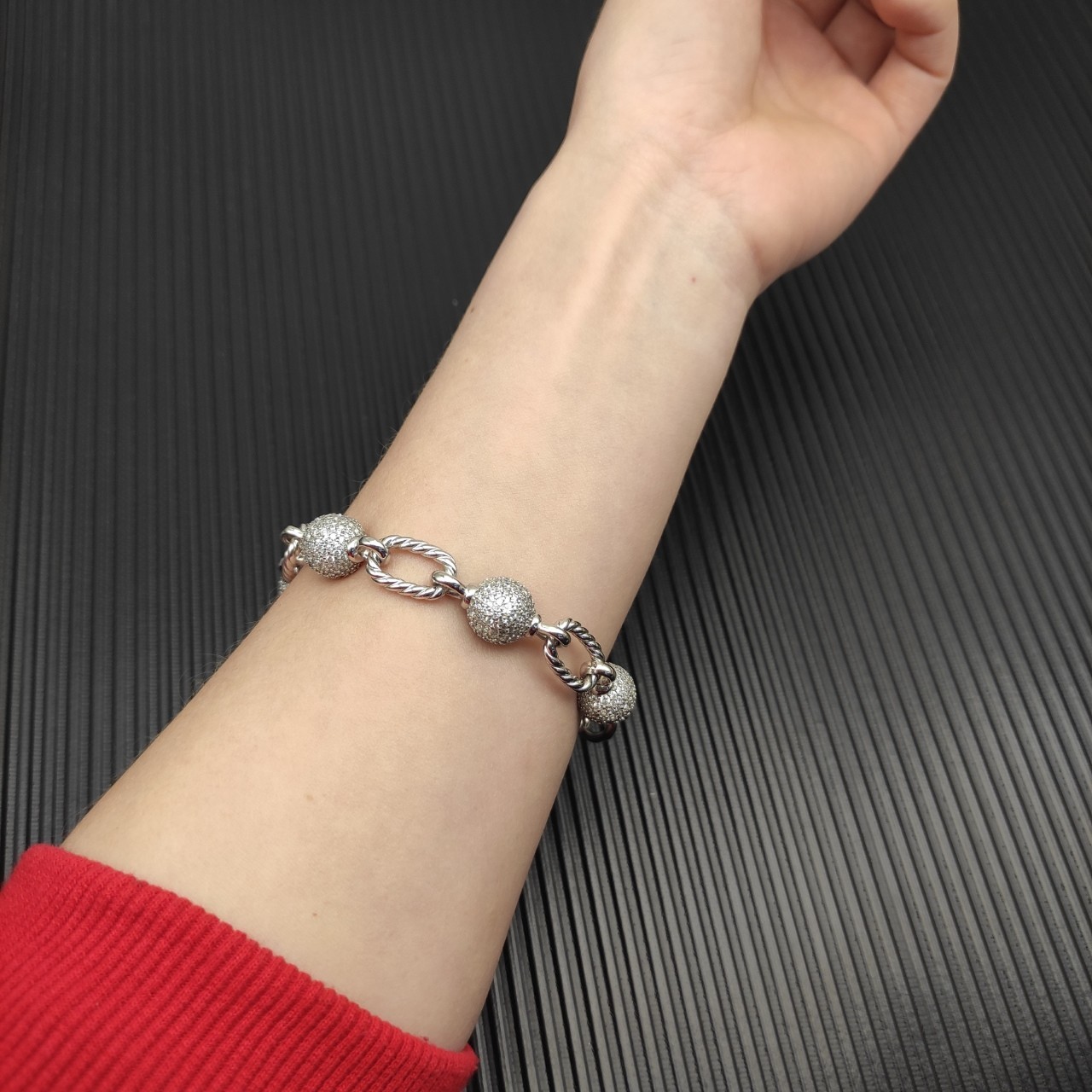 David Yurman 925 Sterling Silver Pavé Diamond Ball Cable Link Bracelet 21cm