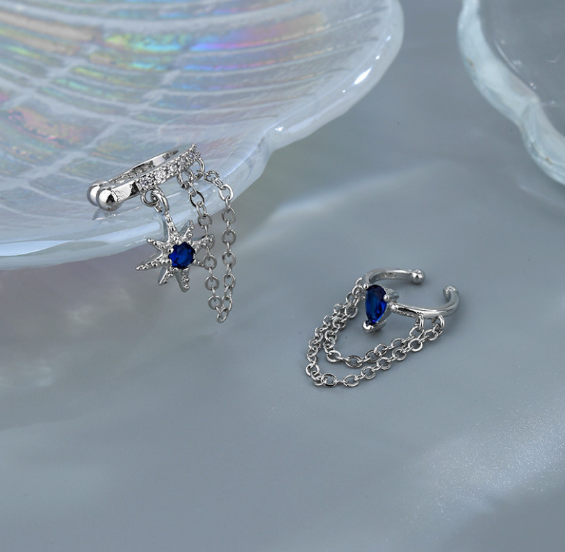 1Pc Silver Plated Ear Cuff Blue CZ Star Teardrop Earring No Pierced Clip On I123