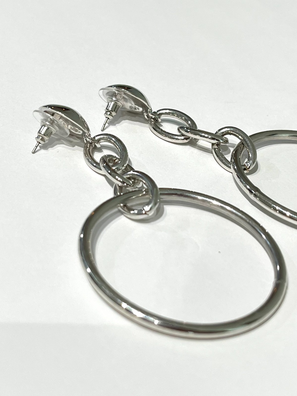 Silver Tone Large Hoop Chain Drop Earrings Pair