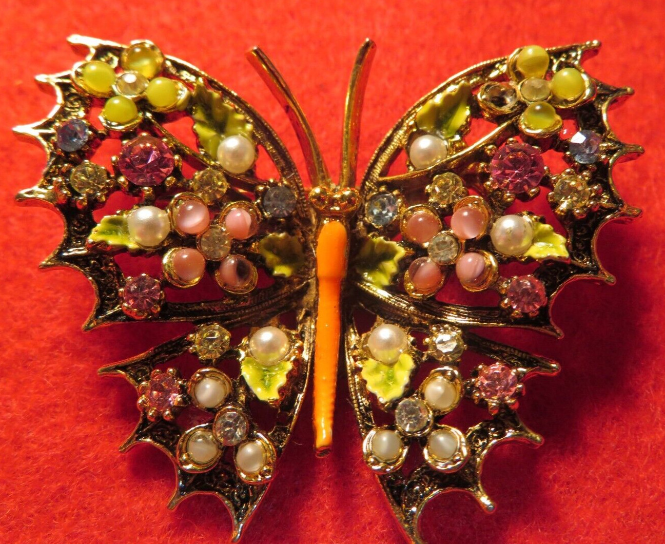 Vintage ART Arthur Pepper Butterfly Brooch Rhinestone Pearl Colorful Beauty