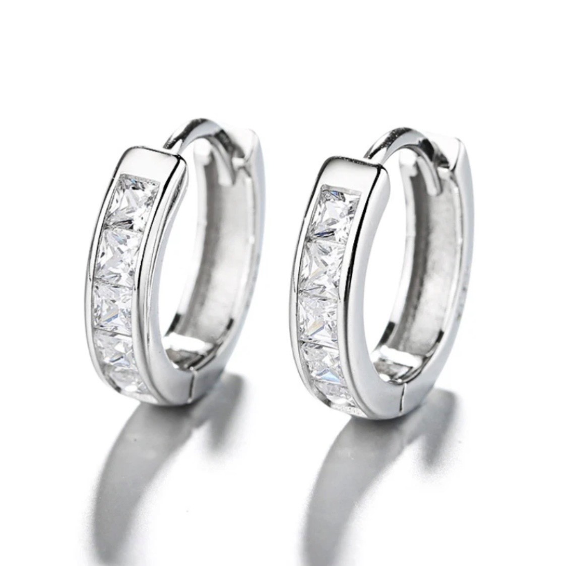 925 Sterling Silver Plated Square CZ Huggie Hoop Earrings Women Men