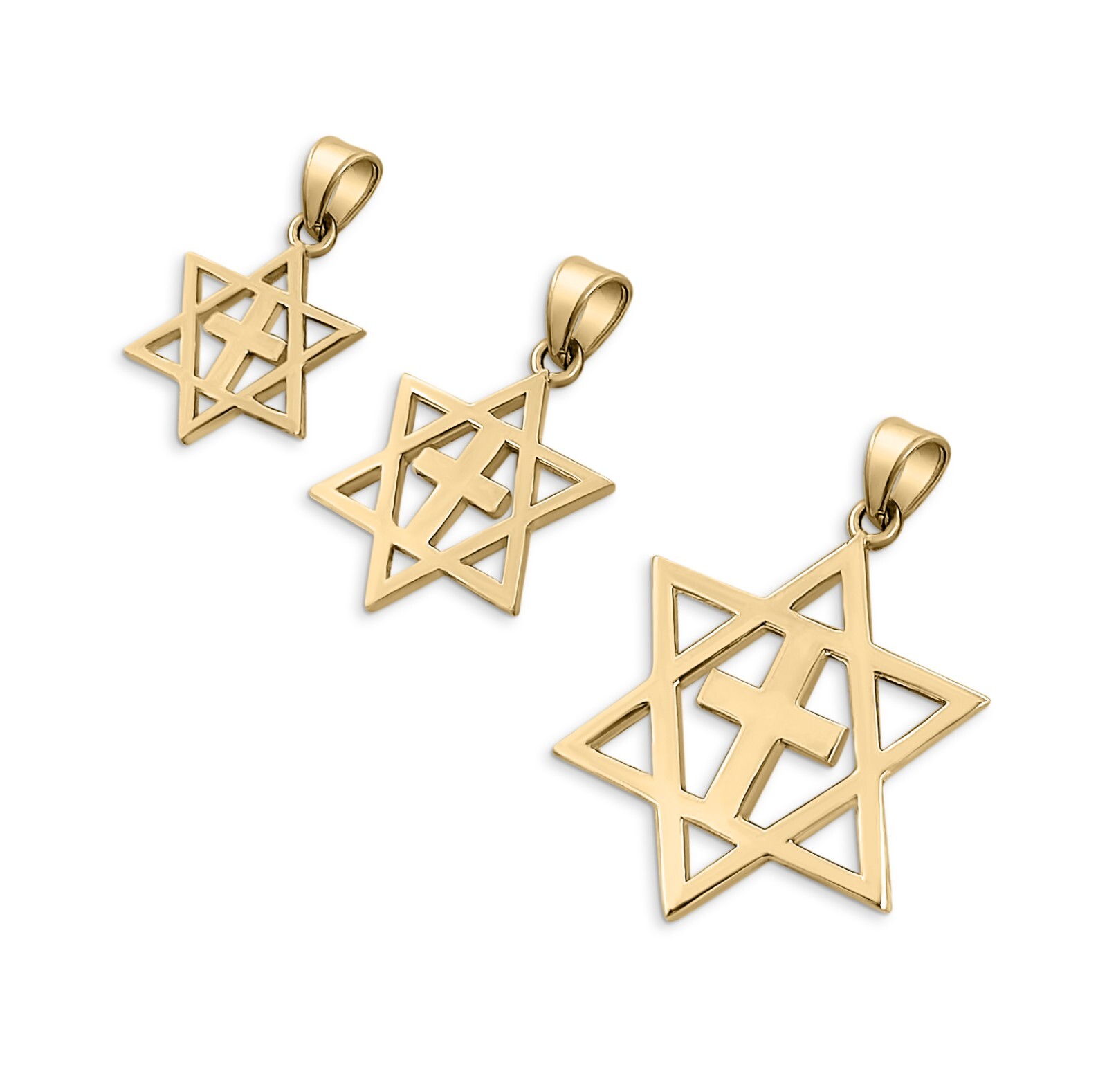 Solid 10K Yellow Gold Messianic Star of David with Cross Pendant, 3 Sizes